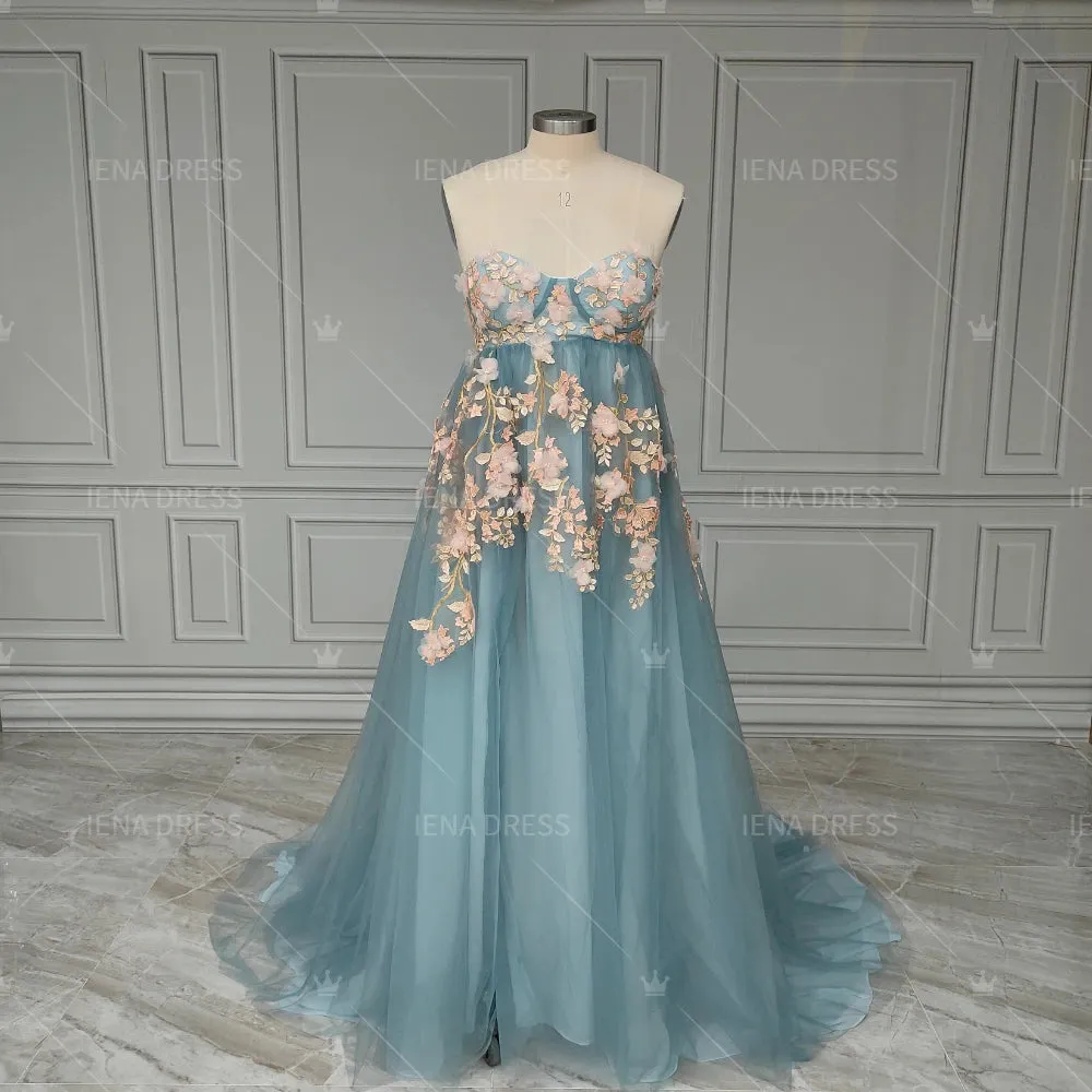 18232#Photoshoot Tulle Maternity Dress with Mint Green Appliques 3D Flowers Off Shoulder Pregnancy Dresses for Baby Shower