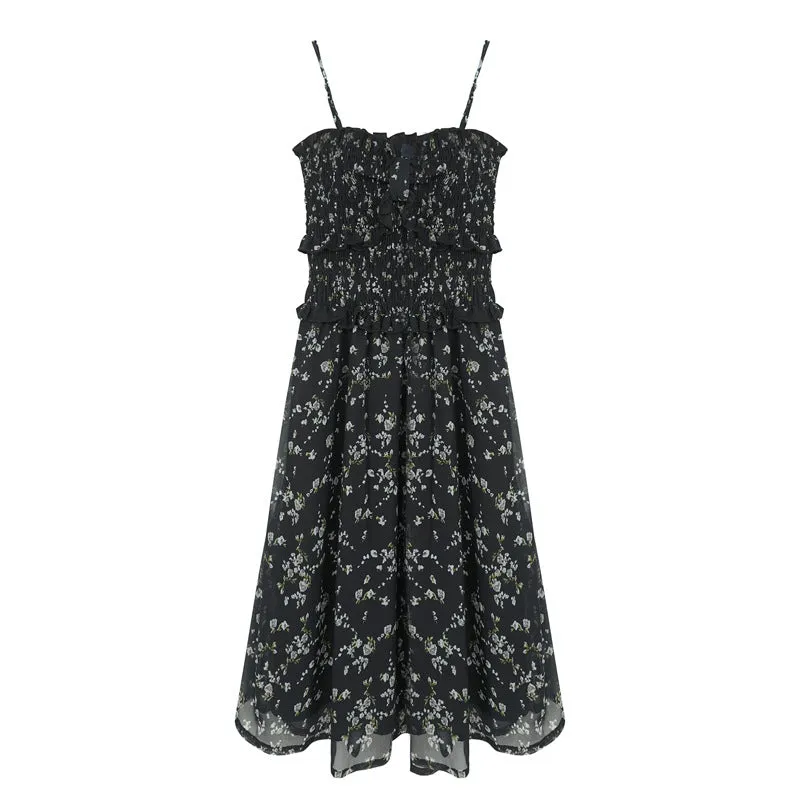 BerryBetty - Black Floral Print Tiered Bustier Midi Dress