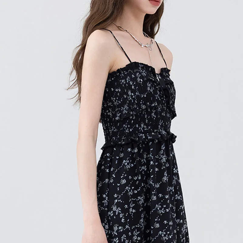 BerryBetty - Black Floral Print Tiered Bustier Midi Dress