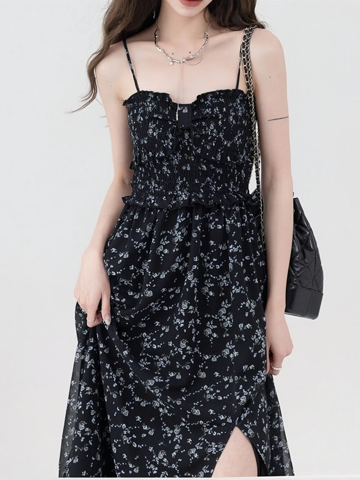 BerryBetty - Black Floral Print Tiered Bustier Midi Dress