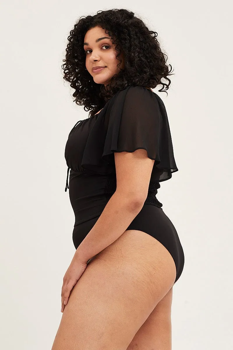 Black Bodysuit Short Sleeve Gathered Bust