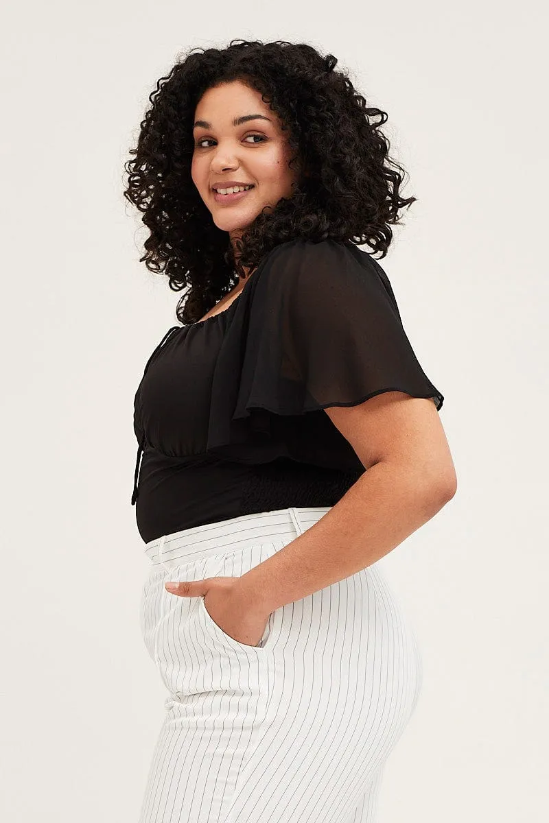 Black Bodysuit Short Sleeve Gathered Bust