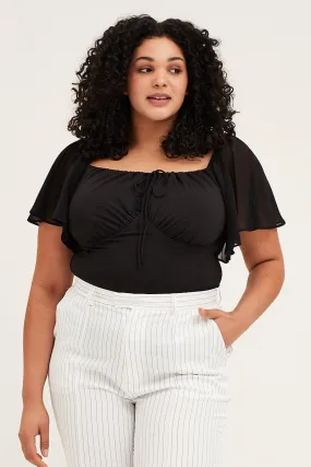 Black Bodysuit Short Sleeve Gathered Bust
