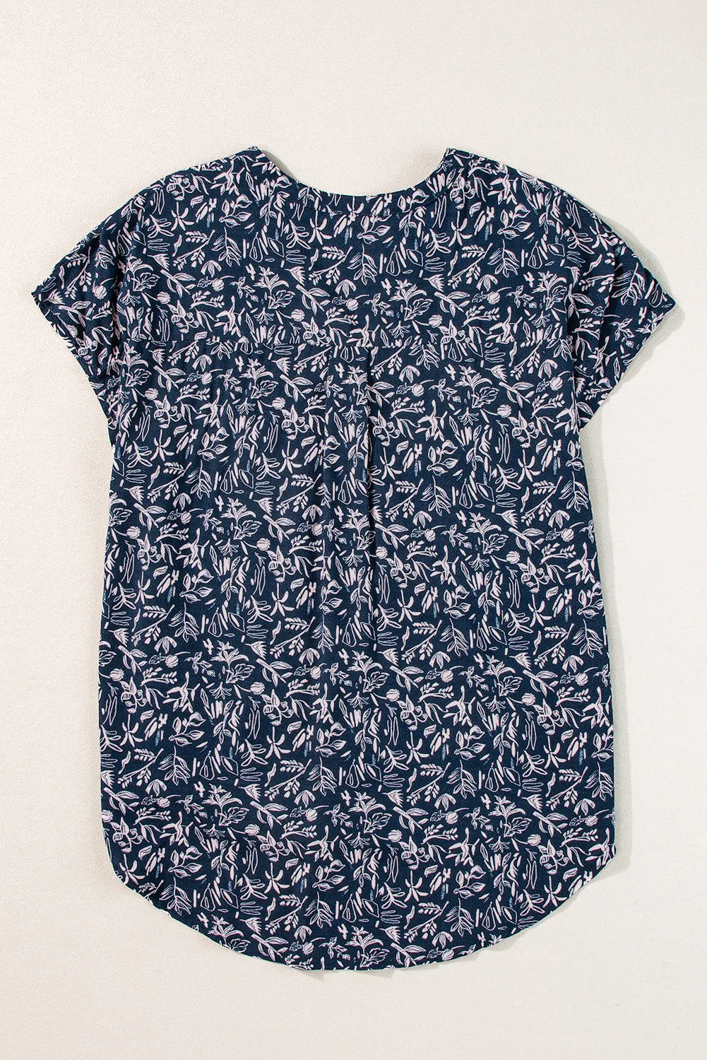 Blue Abstract Print Buttoned V Neck Short Sleeve Blouse