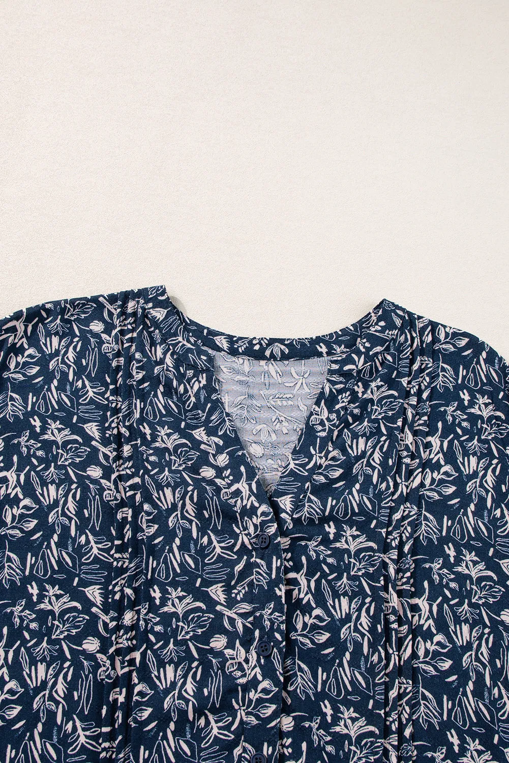 Blue Abstract Print Buttoned V Neck Short Sleeve Blouse