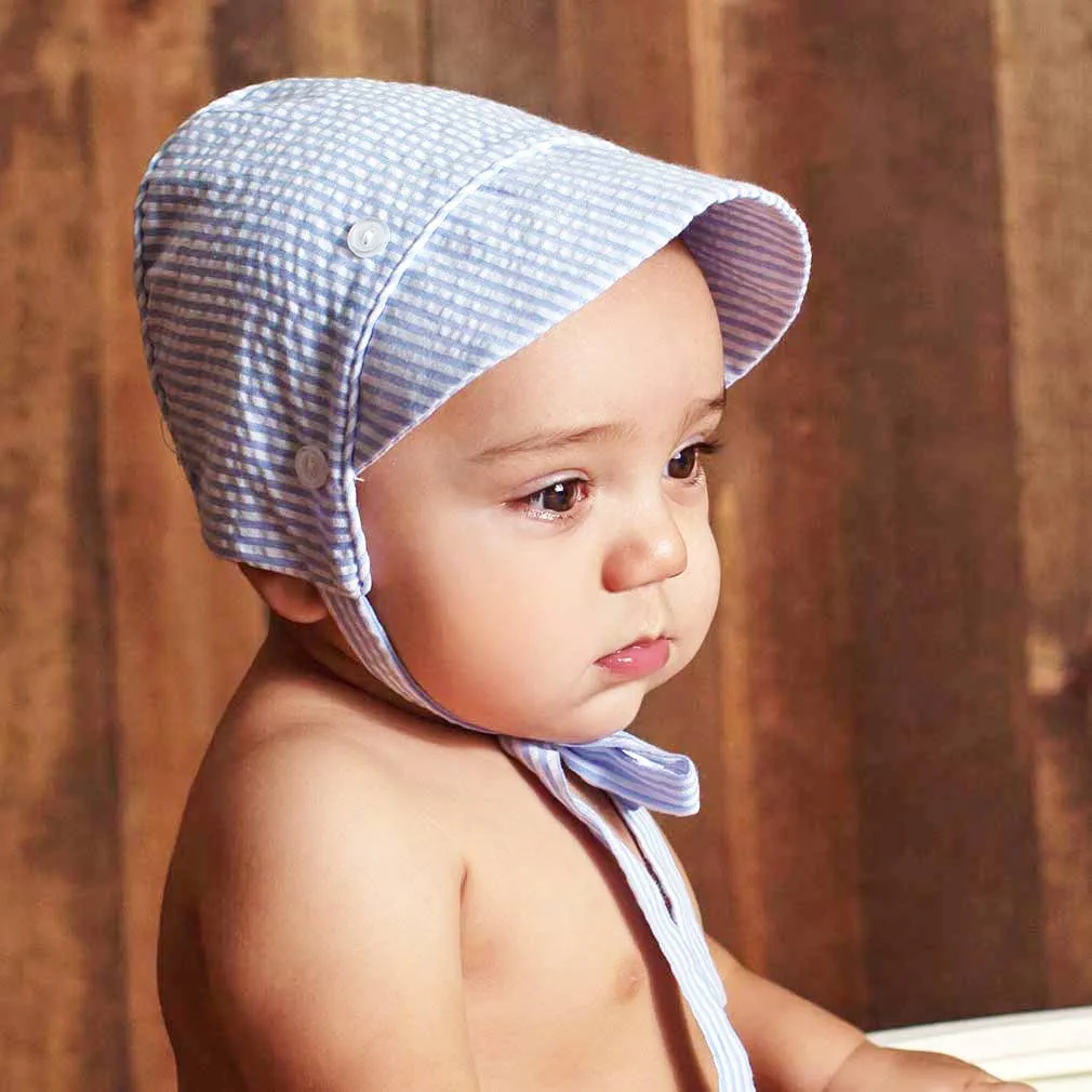 Blue Stripe Seersucker Bonnet Baby: 0-3 Months