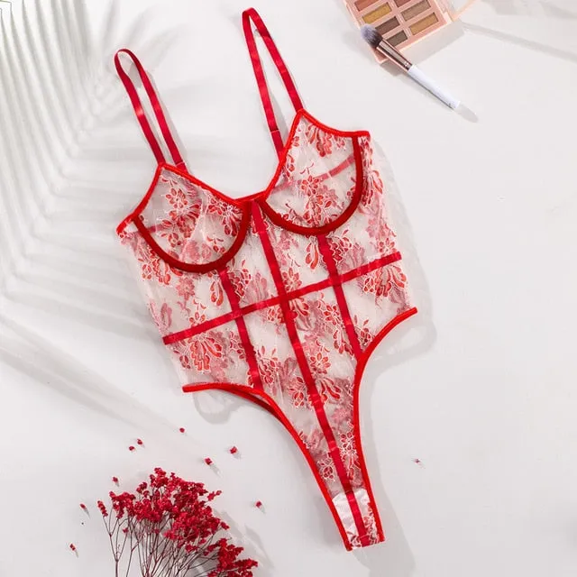 Floral Embroidery Bodysuit Lingerie Sets Party Transparent Body See Through Rompers
