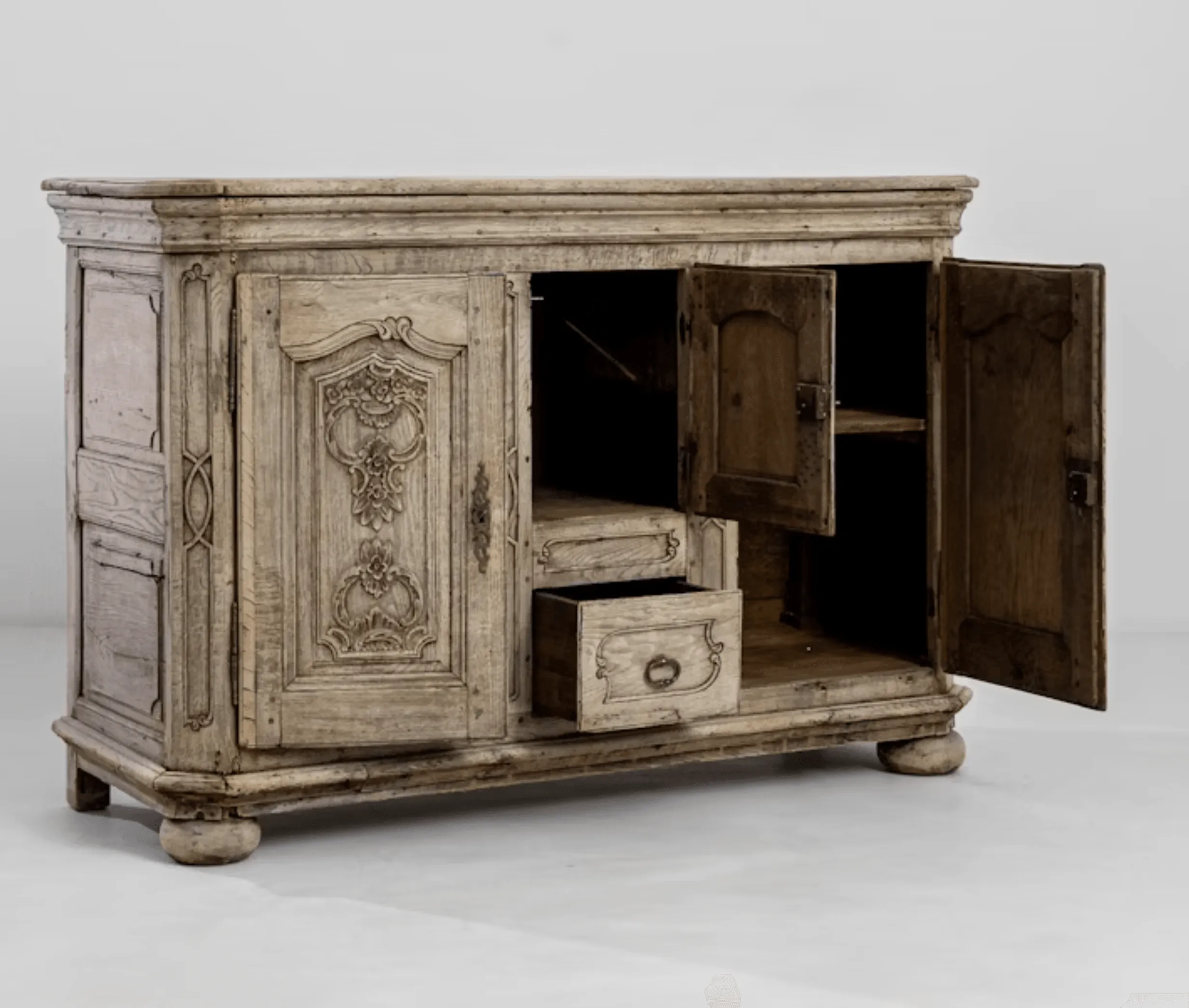 French Antique Ornate Bleached Oak Buffet, Circa 1850