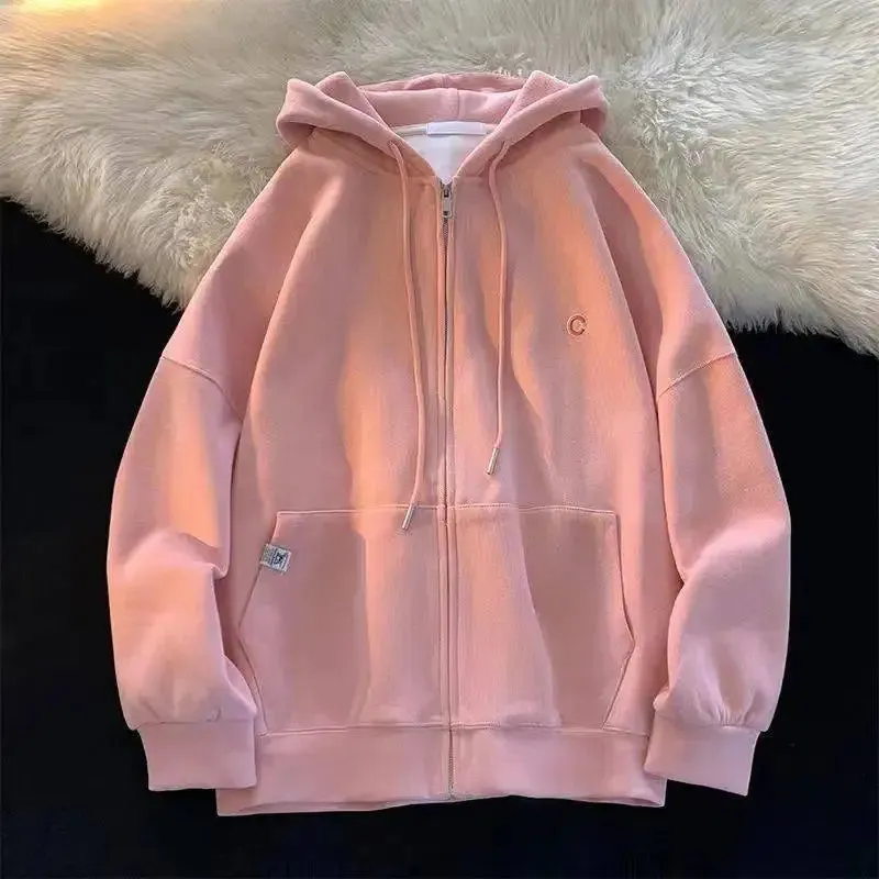 Getadme Hooded Hoodie Women's Spring Autumn New Loose Lazy Style Large Solid Color Drawstring Zipper Cardigan Coat Casual Women's Wear