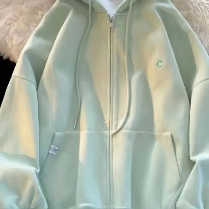 Getadme Hooded Hoodie Women's Spring Autumn New Loose Lazy Style Large Solid Color Drawstring Zipper Cardigan Coat Casual Women's Wear