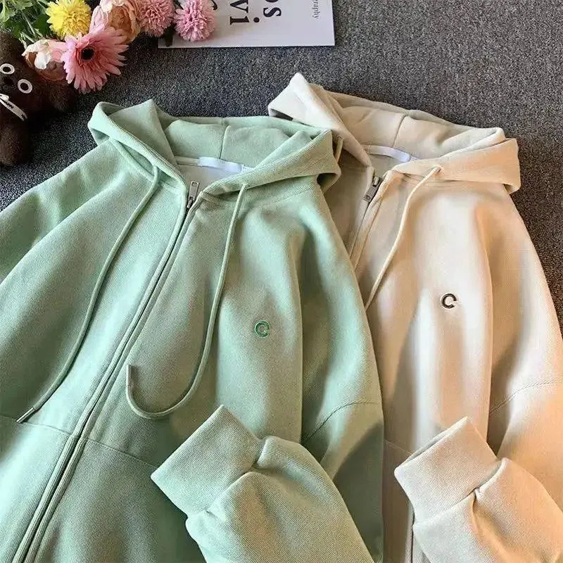 Getadme Hooded Hoodie Women's Spring Autumn New Loose Lazy Style Large Solid Color Drawstring Zipper Cardigan Coat Casual Women's Wear