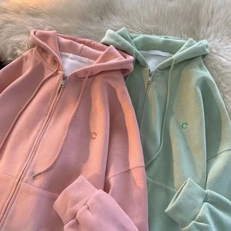 Getadme Hooded Hoodie Women's Spring Autumn New Loose Lazy Style Large Solid Color Drawstring Zipper Cardigan Coat Casual Women's Wear