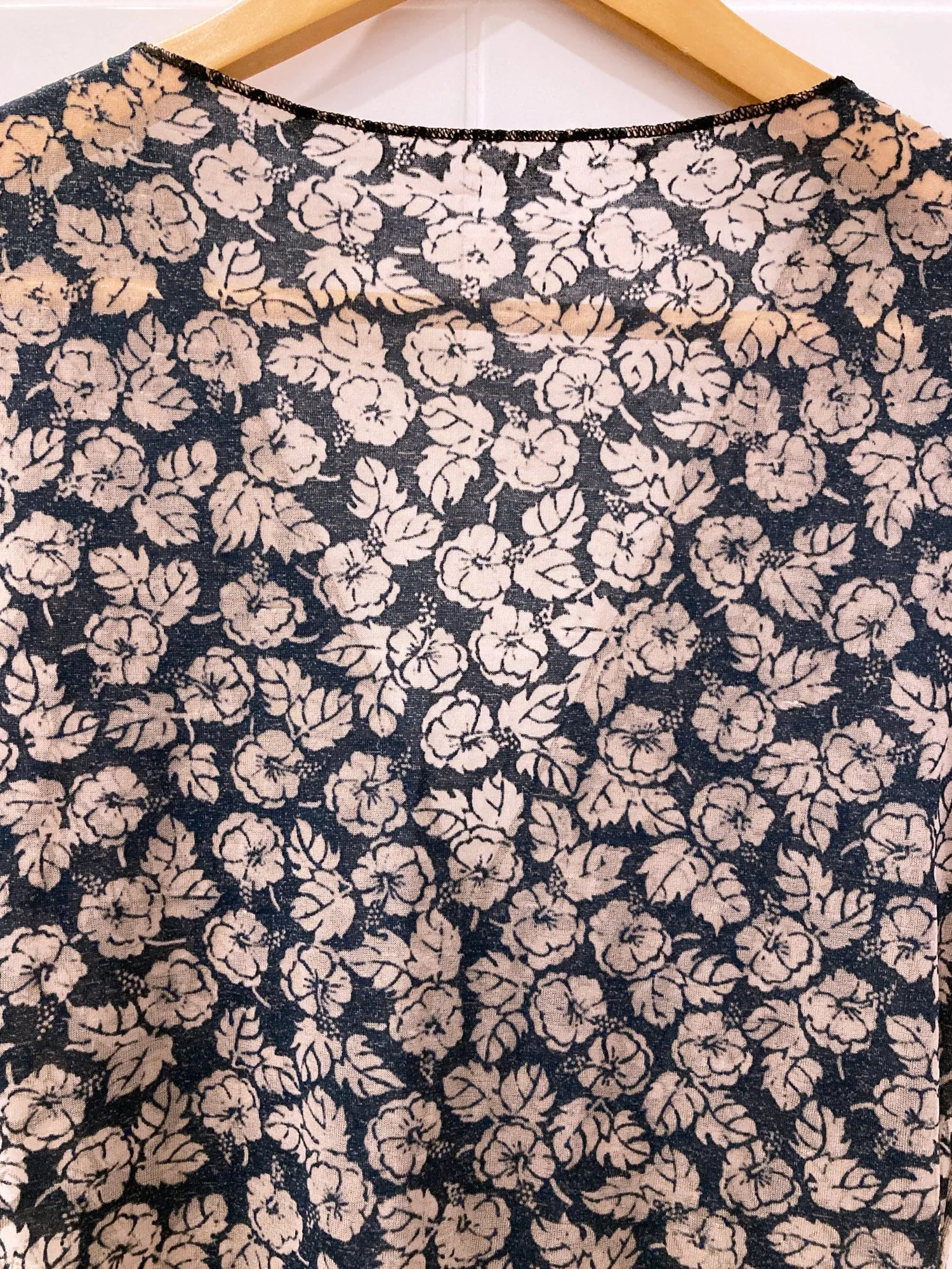 Jean Colonna sheer mushroomy brown floral print jersey v neck sleeveless dress