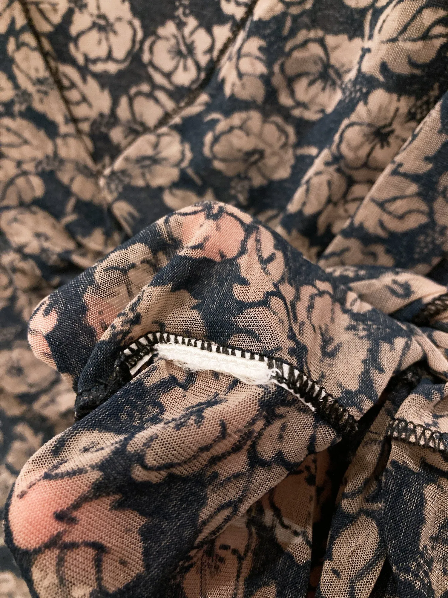 Jean Colonna sheer mushroomy brown floral print jersey v neck sleeveless dress
