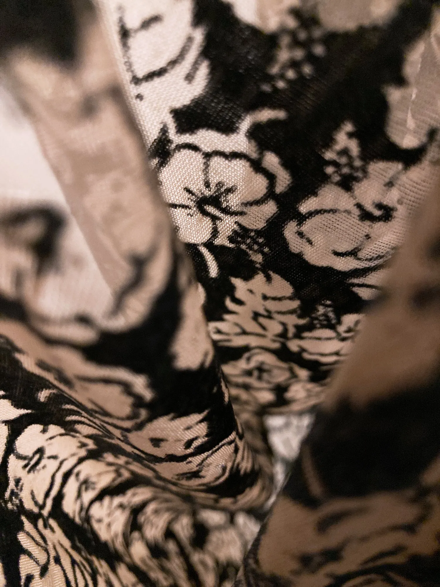 Jean Colonna sheer mushroomy brown floral print jersey v neck sleeveless dress