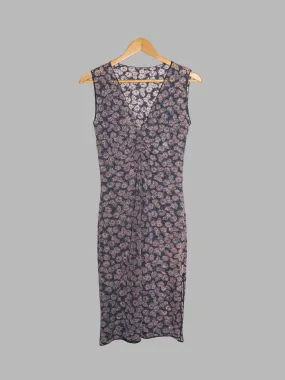 Jean Colonna sheer mushroomy brown floral print jersey v neck sleeveless dress