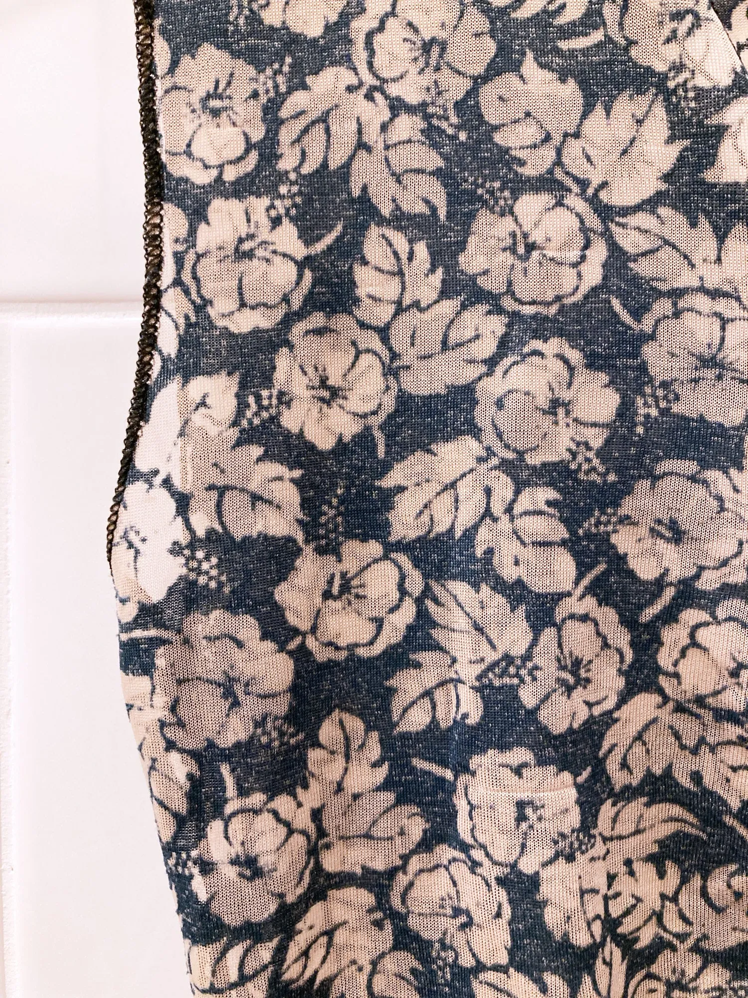 Jean Colonna sheer mushroomy brown floral print jersey v neck sleeveless dress