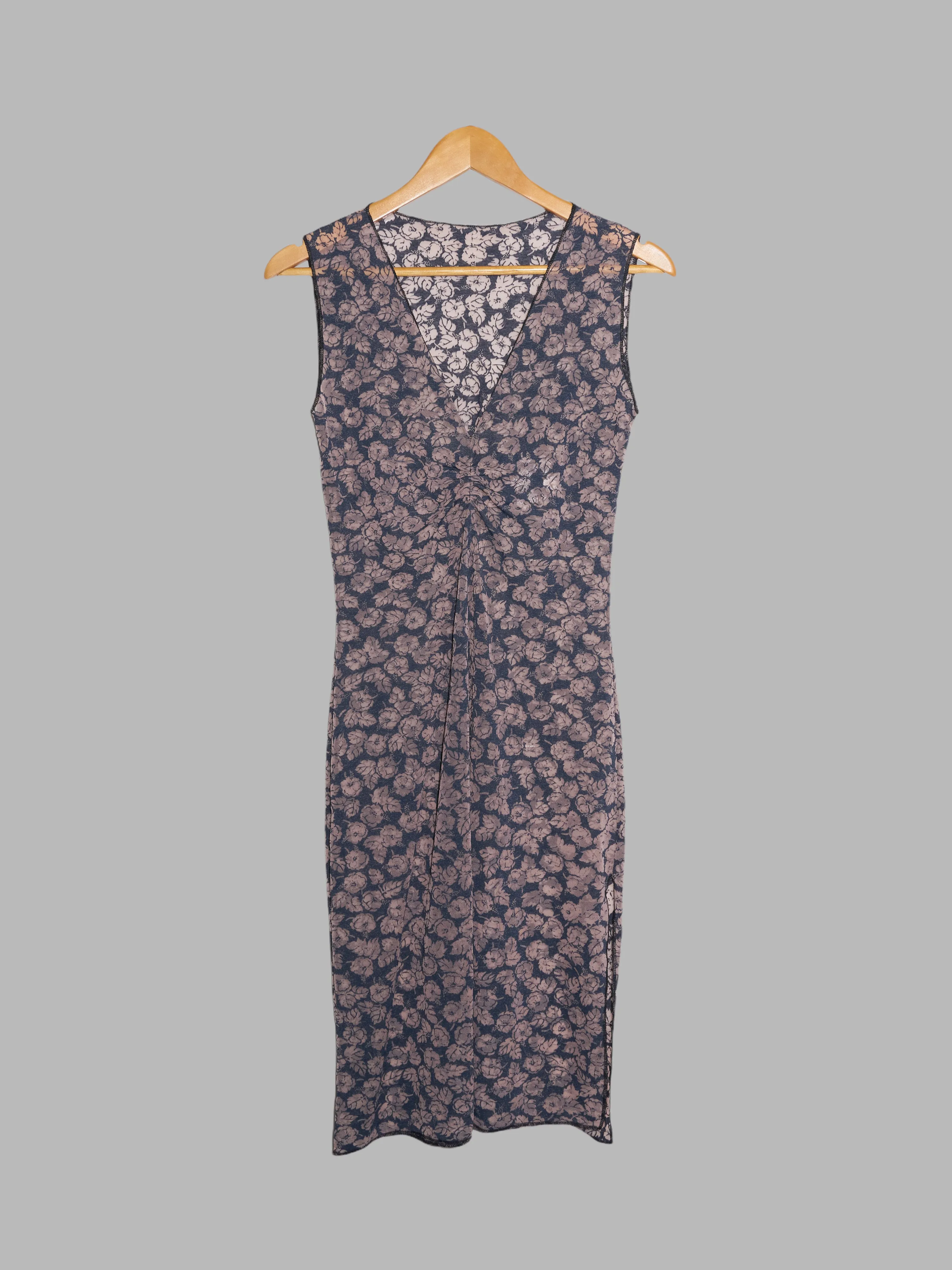 Jean Colonna sheer mushroomy brown floral print jersey v neck sleeveless dress