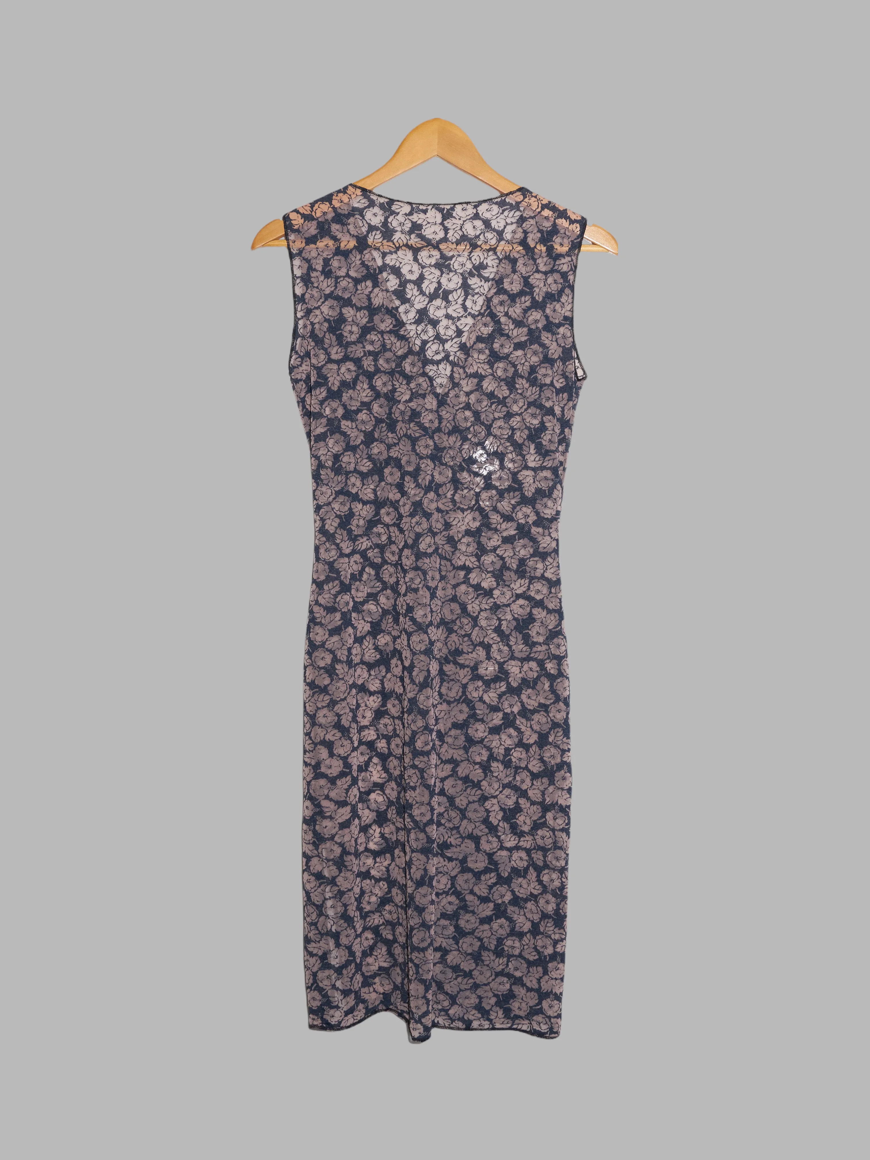 Jean Colonna sheer mushroomy brown floral print jersey v neck sleeveless dress