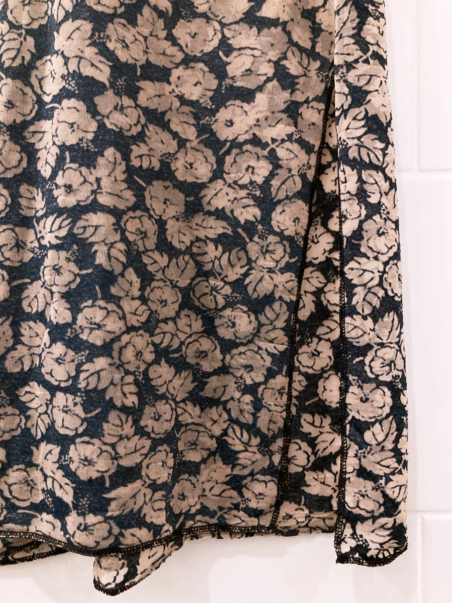 Jean Colonna sheer mushroomy brown floral print jersey v neck sleeveless dress