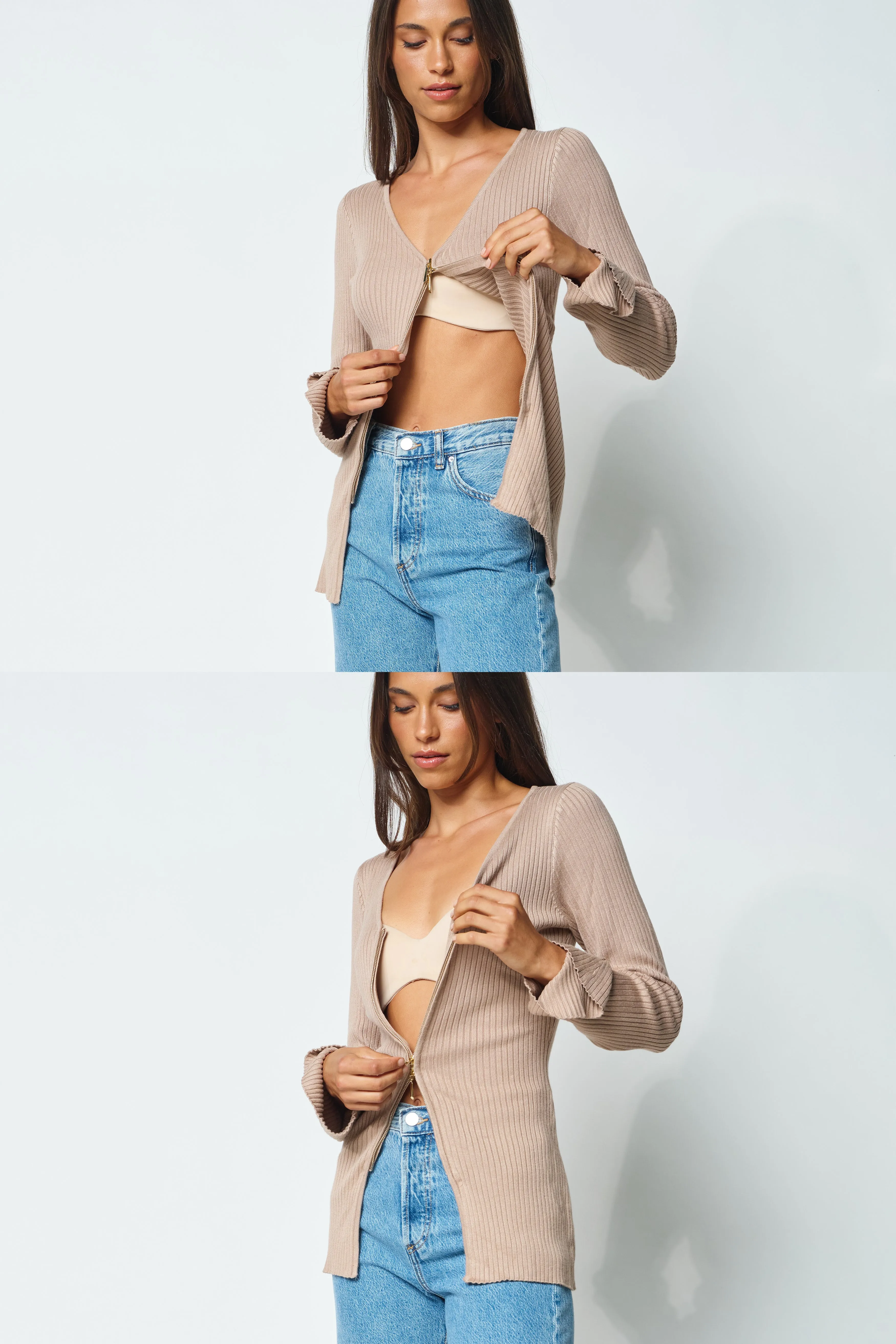 Kaia Zip-Front Knit Top - Mocha