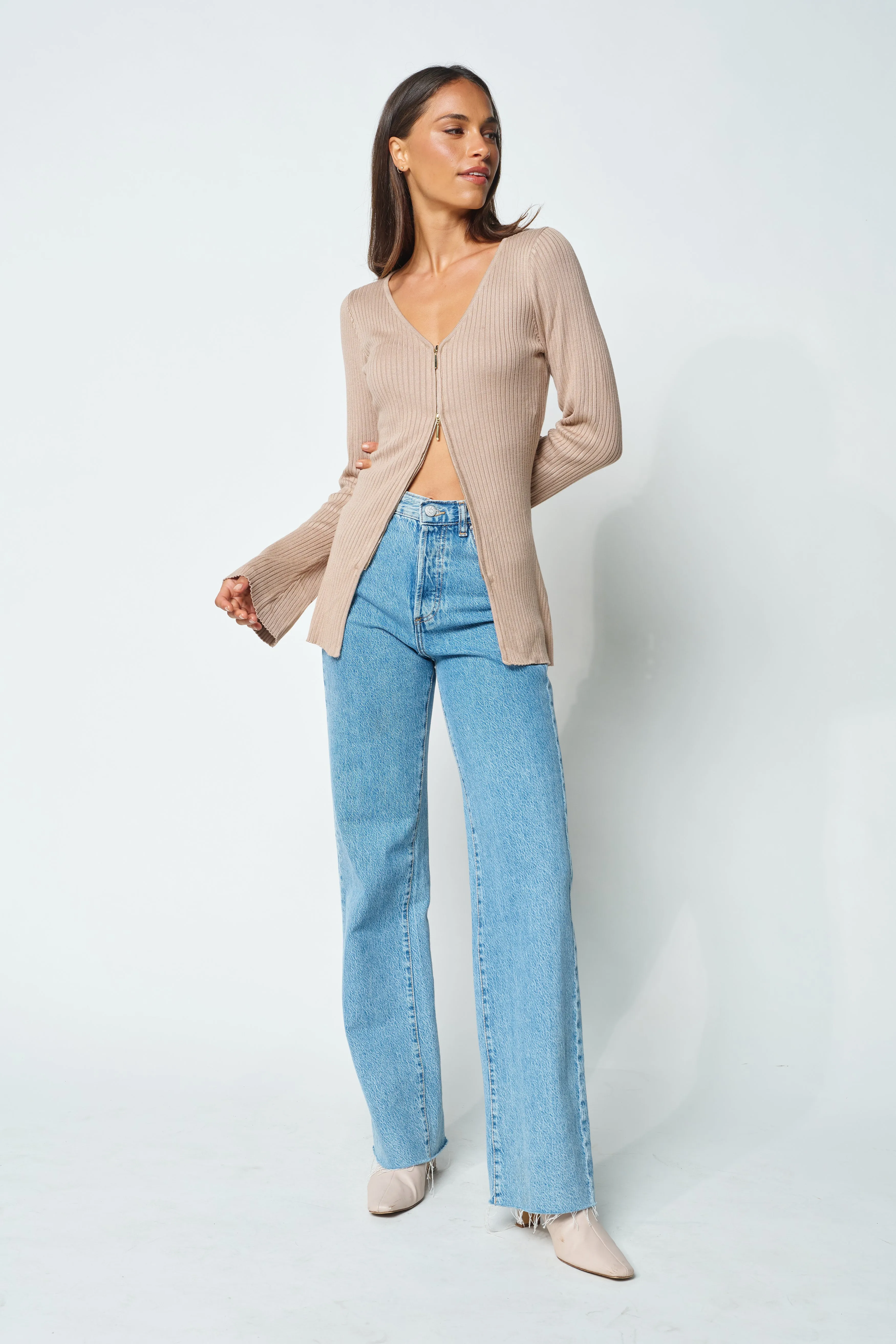 Kaia Zip-Front Knit Top - Mocha
