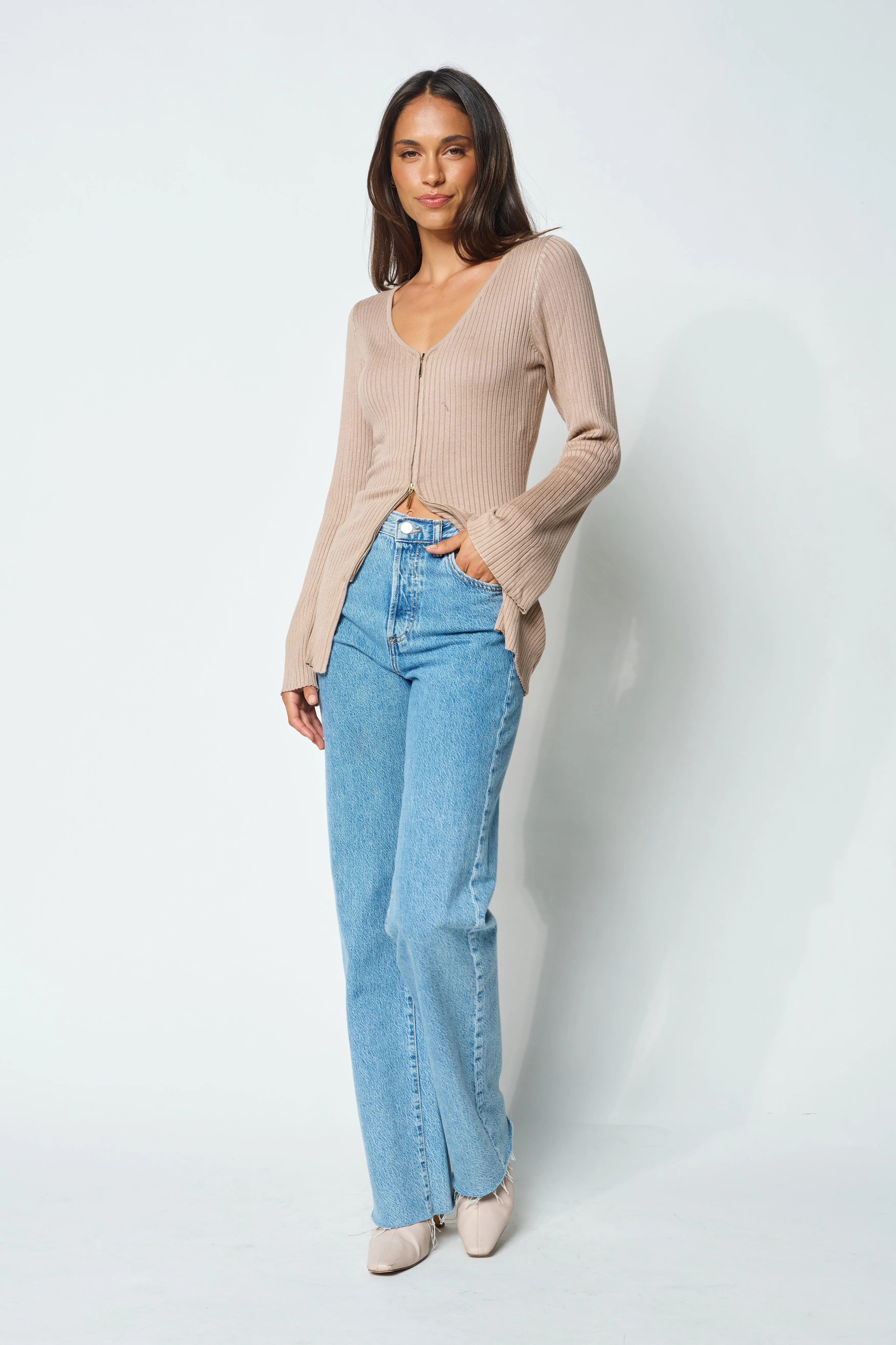 Kaia Zip-Front Knit Top - Mocha