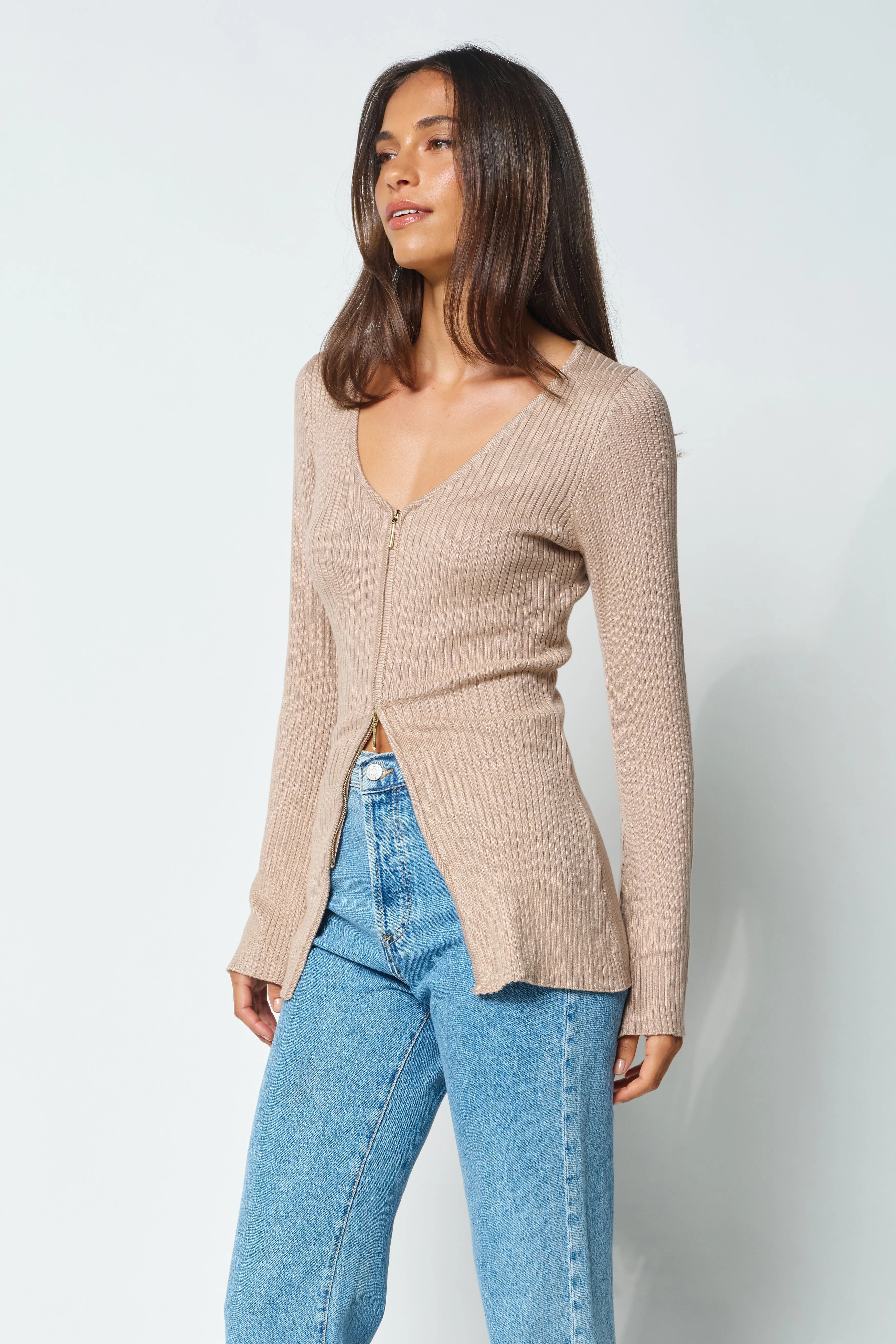 Kaia Zip-Front Knit Top - Mocha