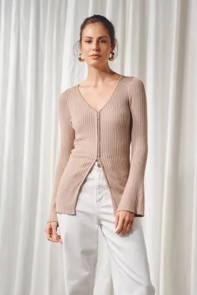 Kaia Zip-Front Knit Top - Mocha