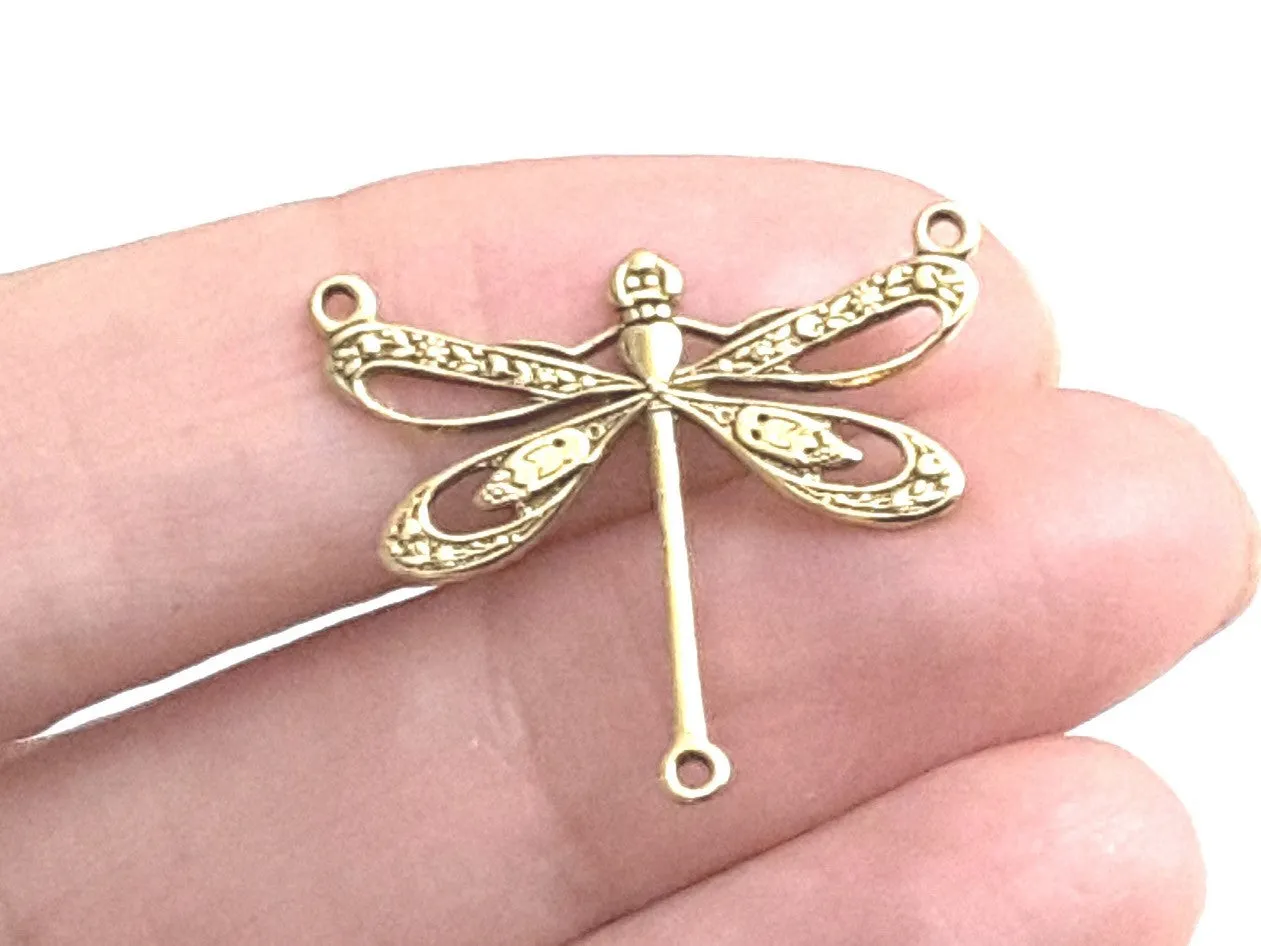 Large Gold Filigree Dragonfly Connector Pendant Charm, 3 Loops, 24 Kt Gold Plated Brass, Lot Size 10, #10G