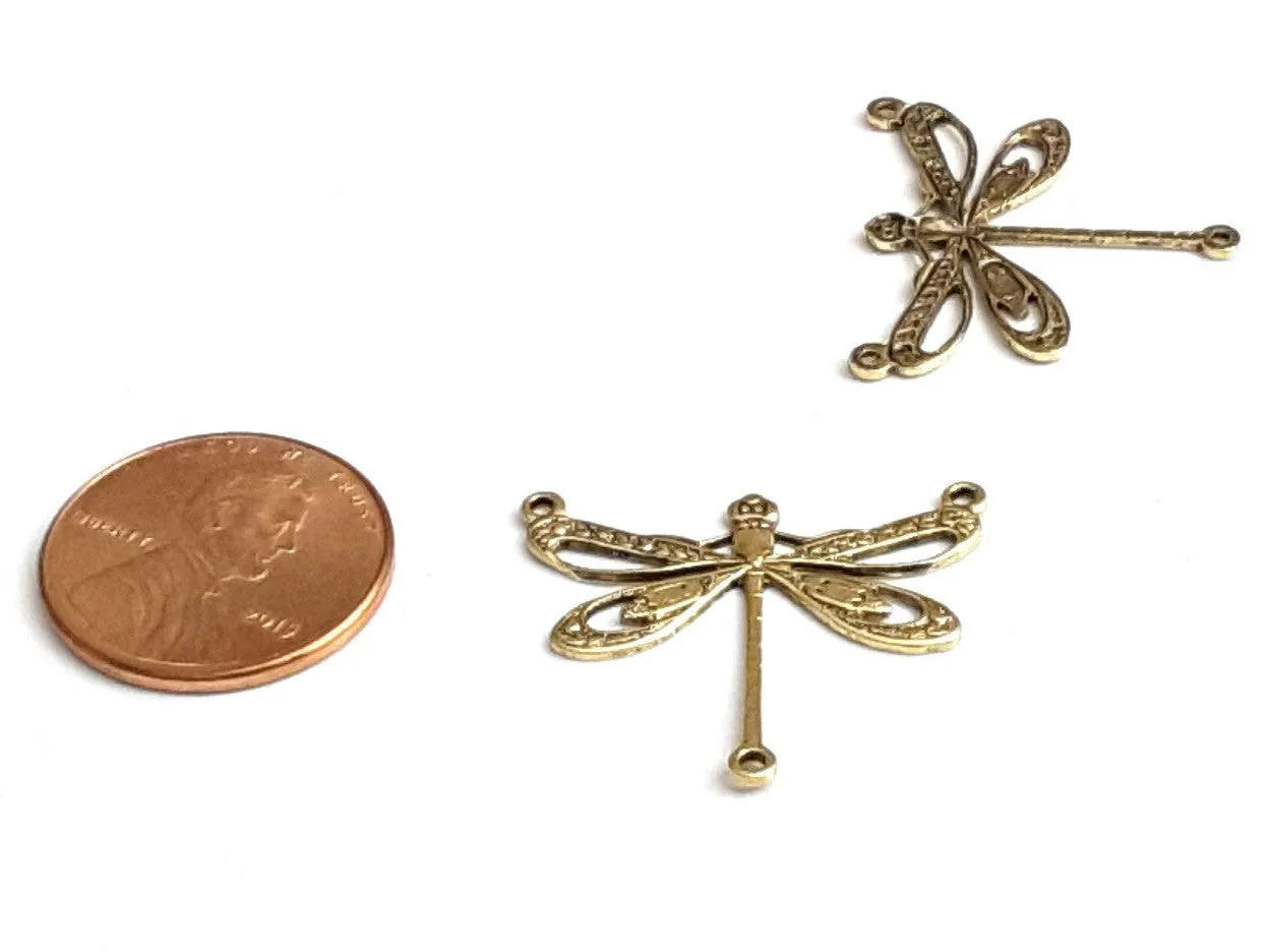 Large Gold Filigree Dragonfly Connector Pendant Charm, 3 Loops, 24 Kt Gold Plated Brass, Lot Size 10, #10G