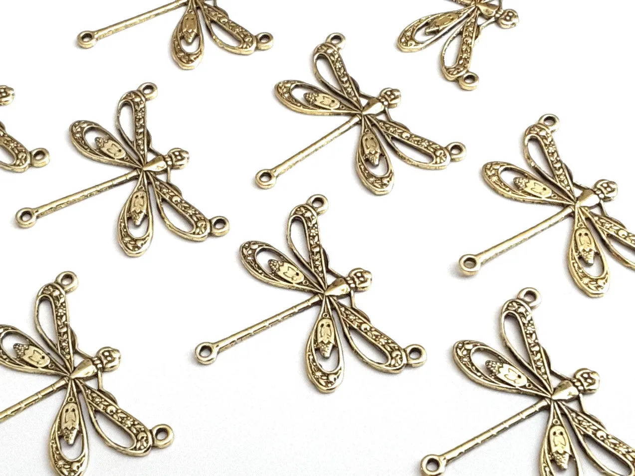 Large Gold Filigree Dragonfly Connector Pendant Charm, 3 Loops, 24 Kt Gold Plated Brass, Lot Size 10, #10G