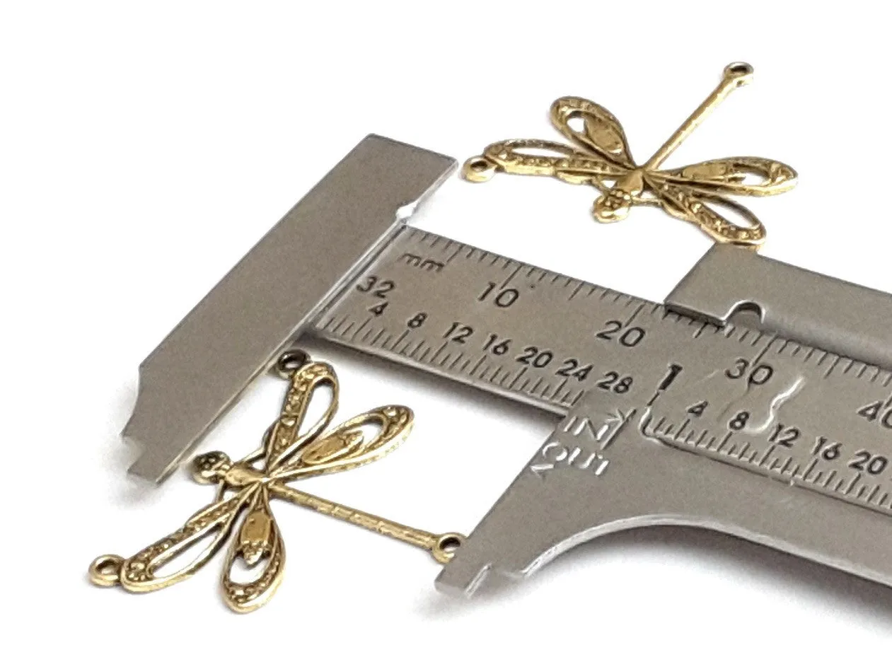Large Gold Filigree Dragonfly Connector Pendant Charm, 3 Loops, 24 Kt Gold Plated Brass, Lot Size 10, #10G