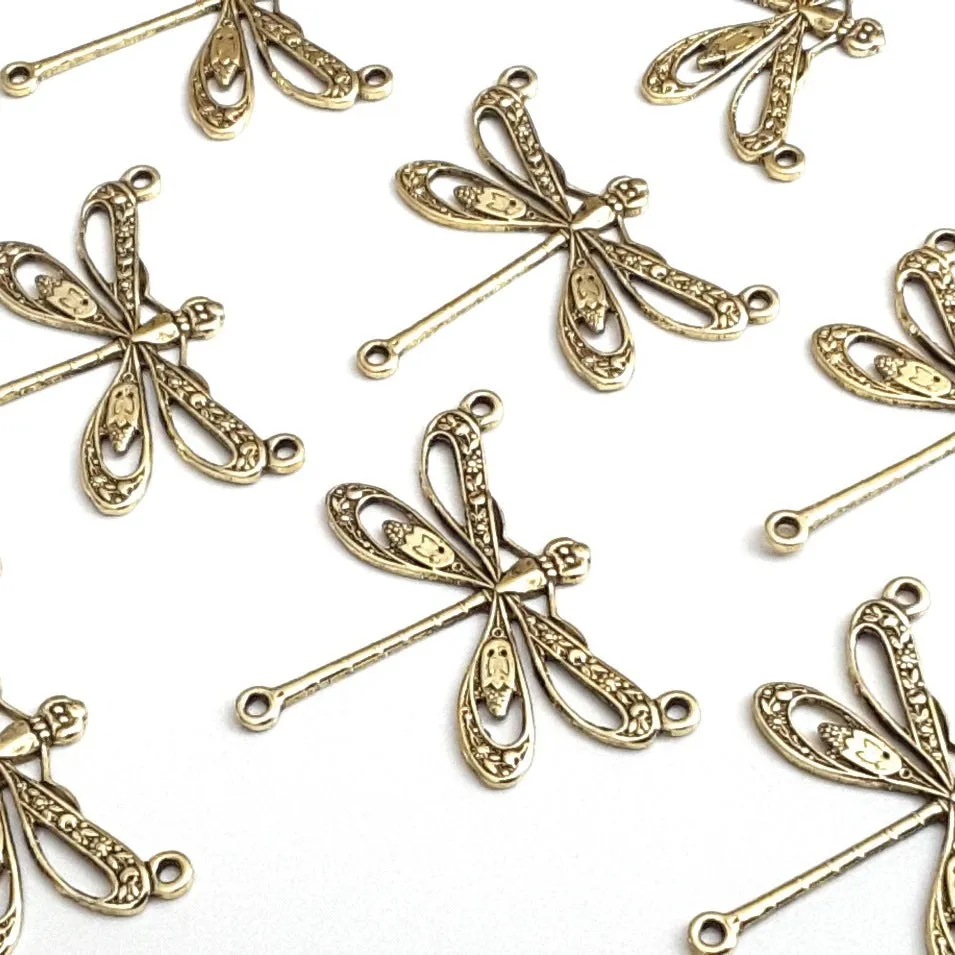 Large Gold Filigree Dragonfly Connector Pendant Charm, 3 Loops, 24 Kt Gold Plated Brass, Lot Size 10, #10G