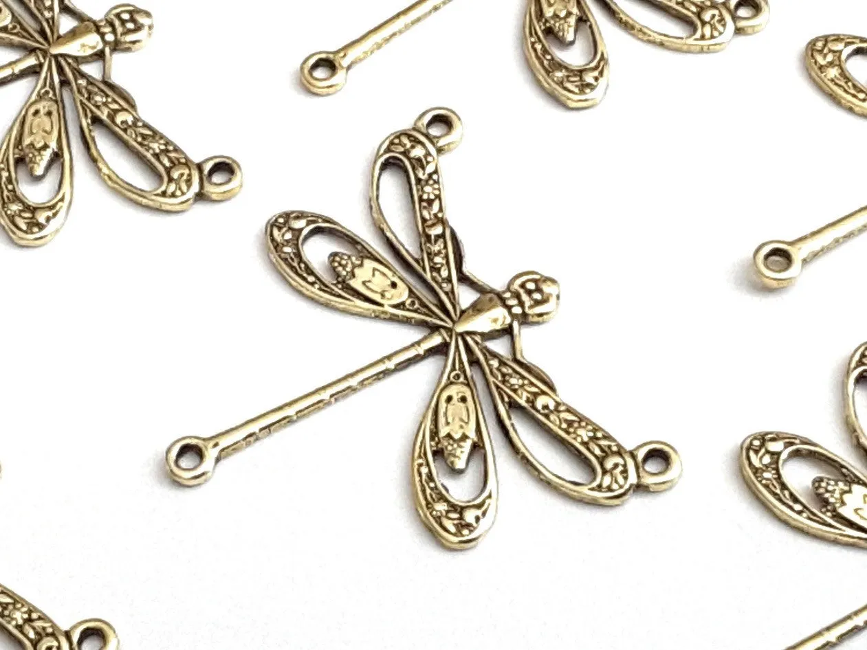 Large Gold Filigree Dragonfly Connector Pendant Charm, 3 Loops, 24 Kt Gold Plated Brass, Lot Size 10, #10G
