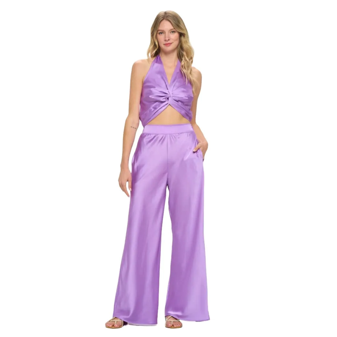 Lavender Stretch Satin Pants w/ Elastic Waist and Pockets