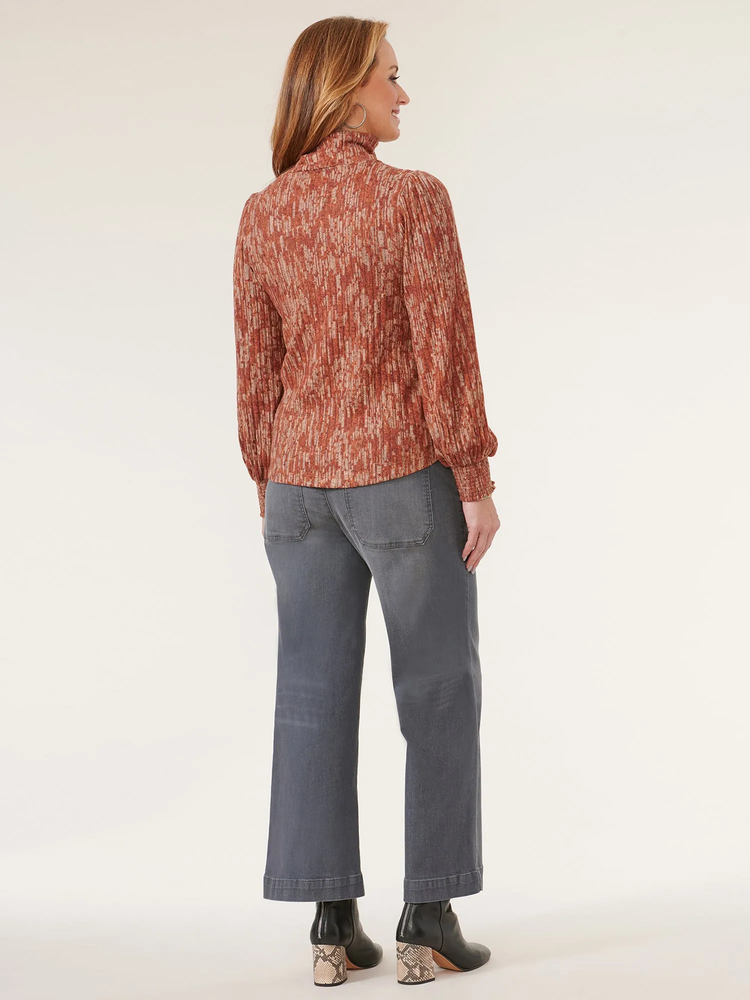 Long Blouson Sleeve Turtleneck Printed Knit Top