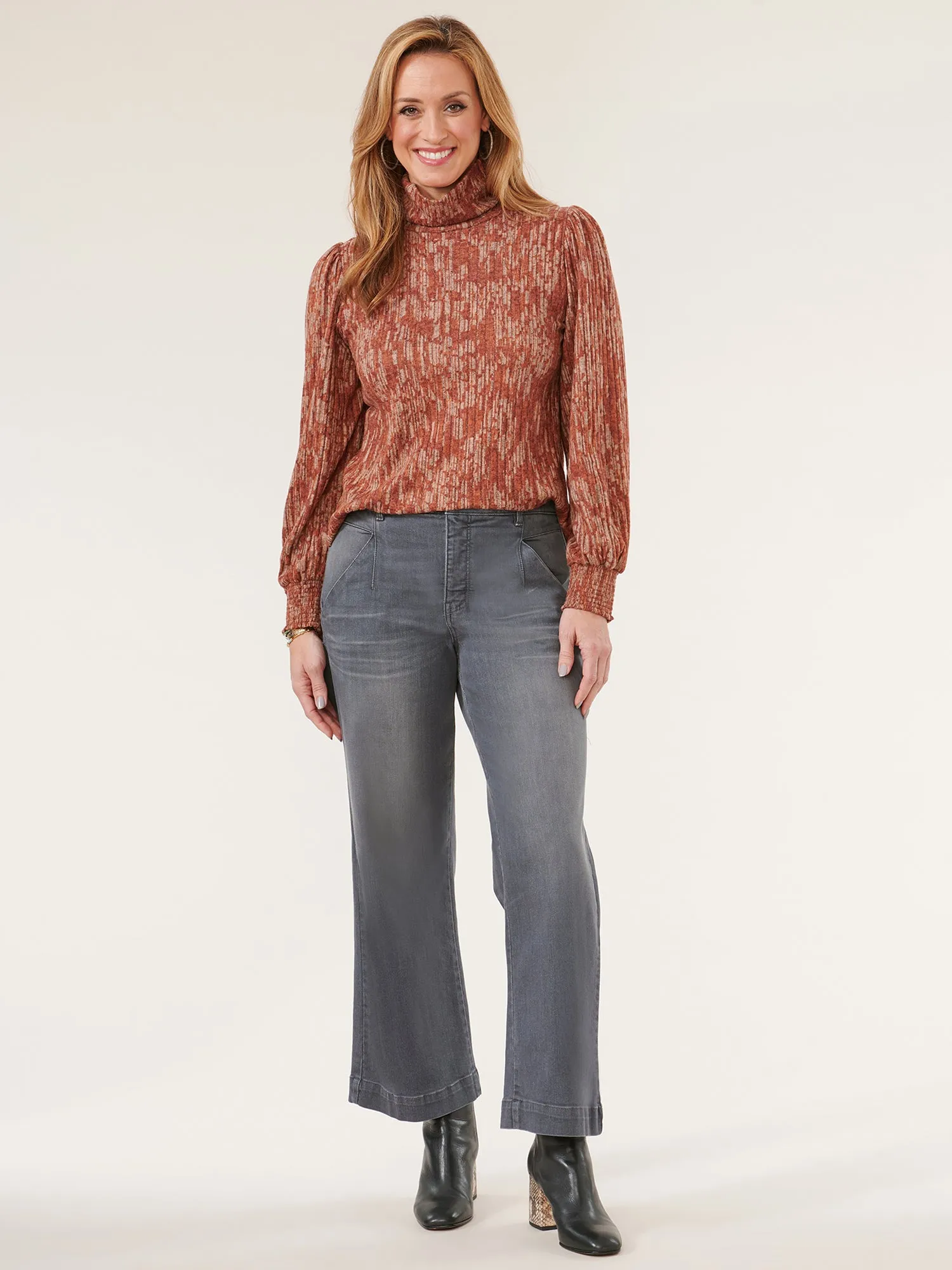 Long Blouson Sleeve Turtleneck Printed Knit Top