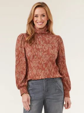 Long Blouson Sleeve Turtleneck Printed Knit Top