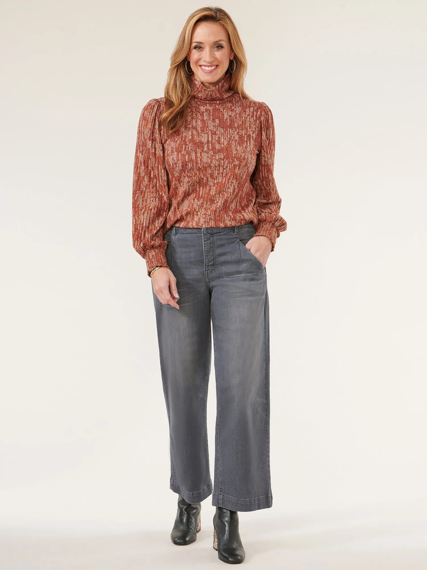 Long Blouson Sleeve Turtleneck Printed Knit Top