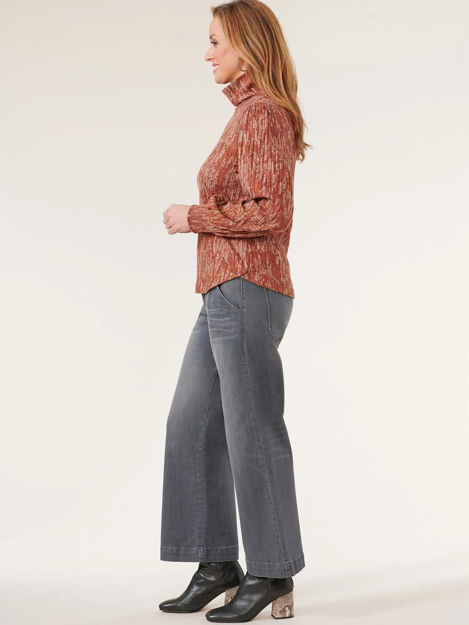 Long Blouson Sleeve Turtleneck Printed Knit Top