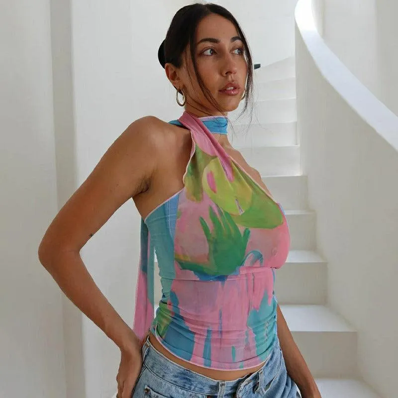 Printed Backless Ribbon Tube Top – Abstract Halter Crop
