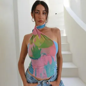 Printed Backless Ribbon Tube Top – Abstract Halter Crop