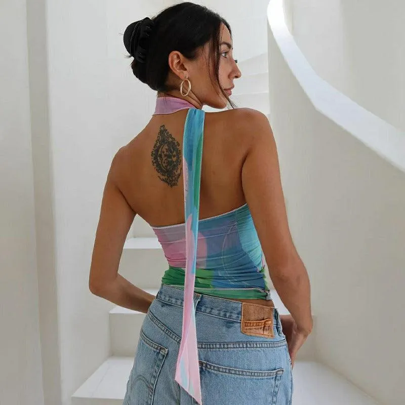 Printed Backless Ribbon Tube Top – Abstract Halter Crop