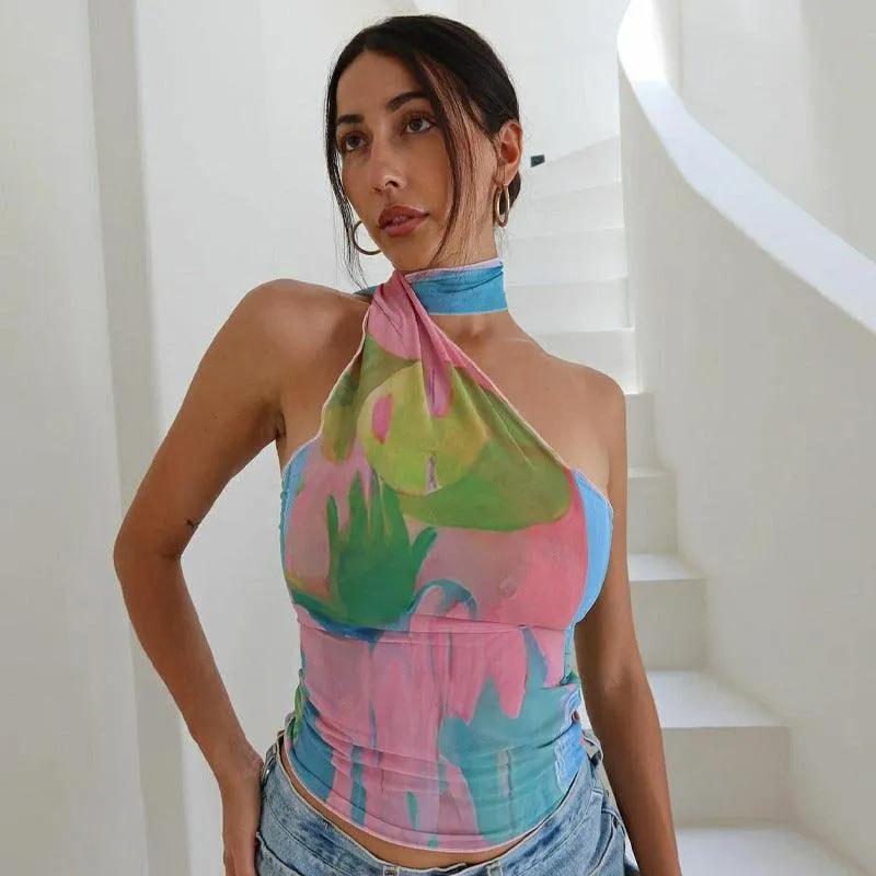 Printed Backless Ribbon Tube Top – Abstract Halter Crop