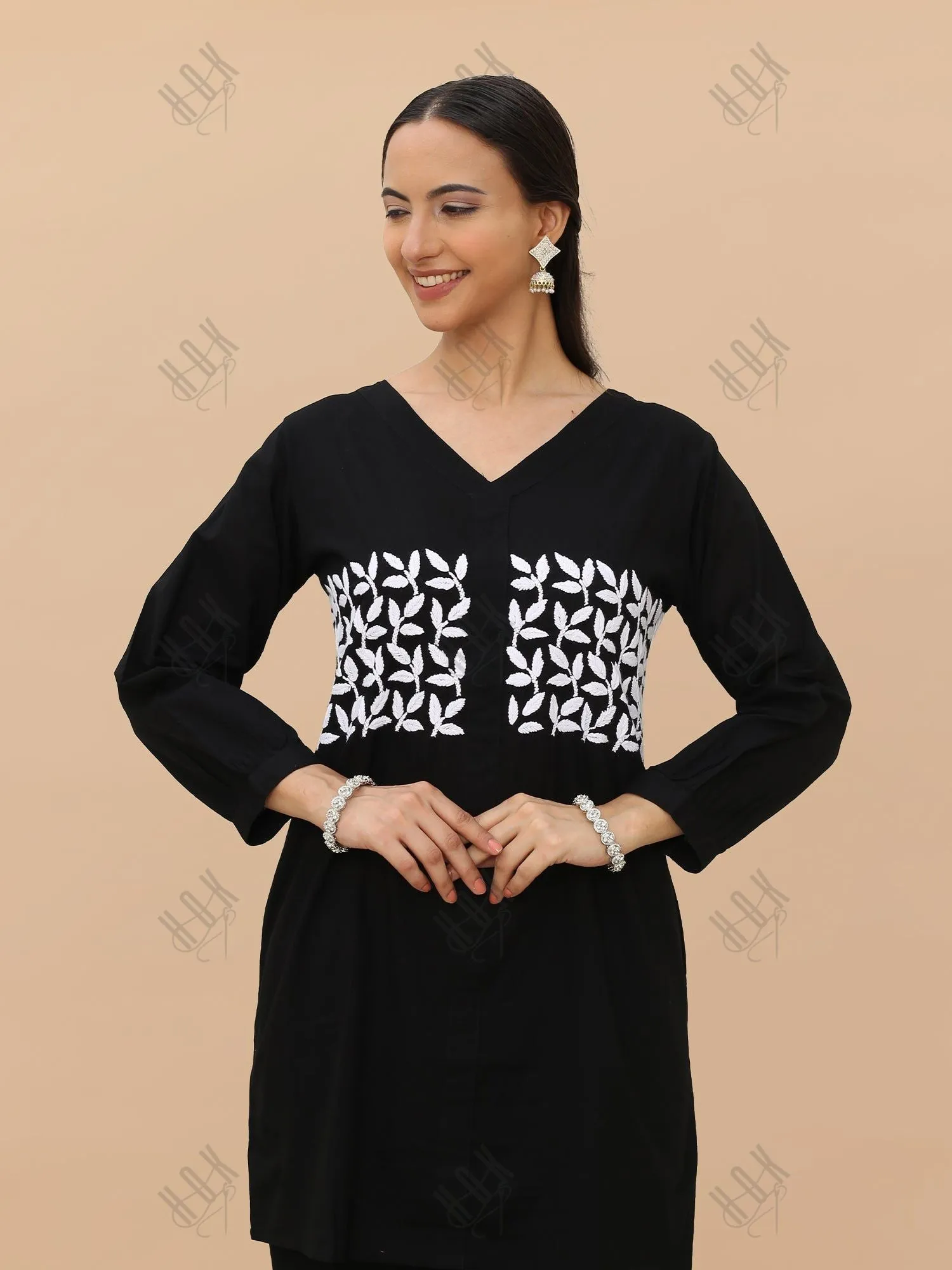 Saba Chikankari Cord Set in Cambric cotton - Black With White