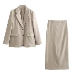 Spring Summer Women's French Straight Cut Suit Coat Top Blended Straight Skirt Casual Set