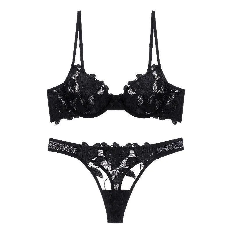 Ultra-Thin Embroidered Mesh Lingerie Set - Lace & Bow Accents