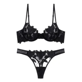 Ultra-Thin Embroidered Mesh Lingerie Set - Lace & Bow Accents