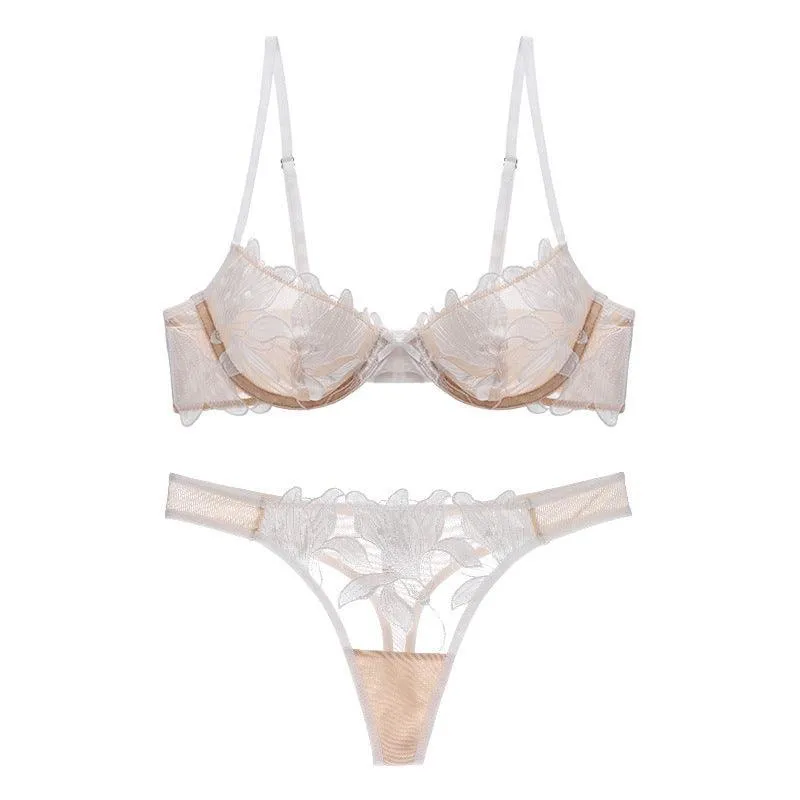 Ultra-Thin Embroidered Mesh Lingerie Set - Lace & Bow Accents